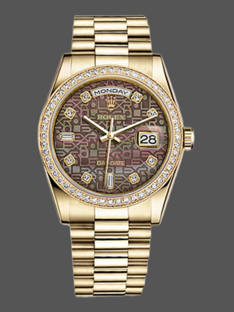 Rolex Day Date 118348 Black MOP Dial Yellow Gold 36mm Unisex Replica Watch